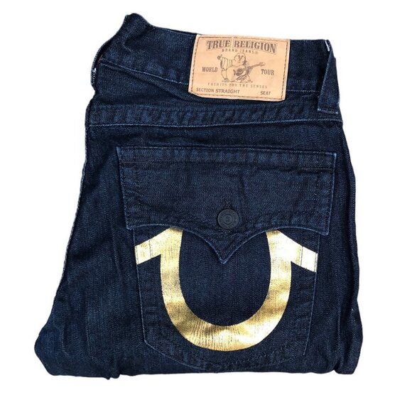 TRUE Religion Jeans Size 34 STRAIGHT Gold Horseshoe - Picture 1 of 10